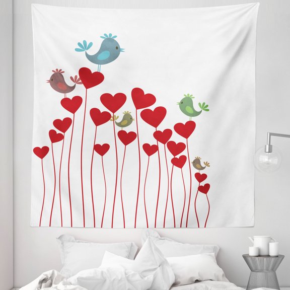 Love Tapestry, Bird Sings Sitting Hearts Twitting Springtime Garden Oriental, Fabric Wall Hanging Decor for Bedroom Living Room Dorm, 5 Sizes, Cadet Blue Mauve, by Ambesonne