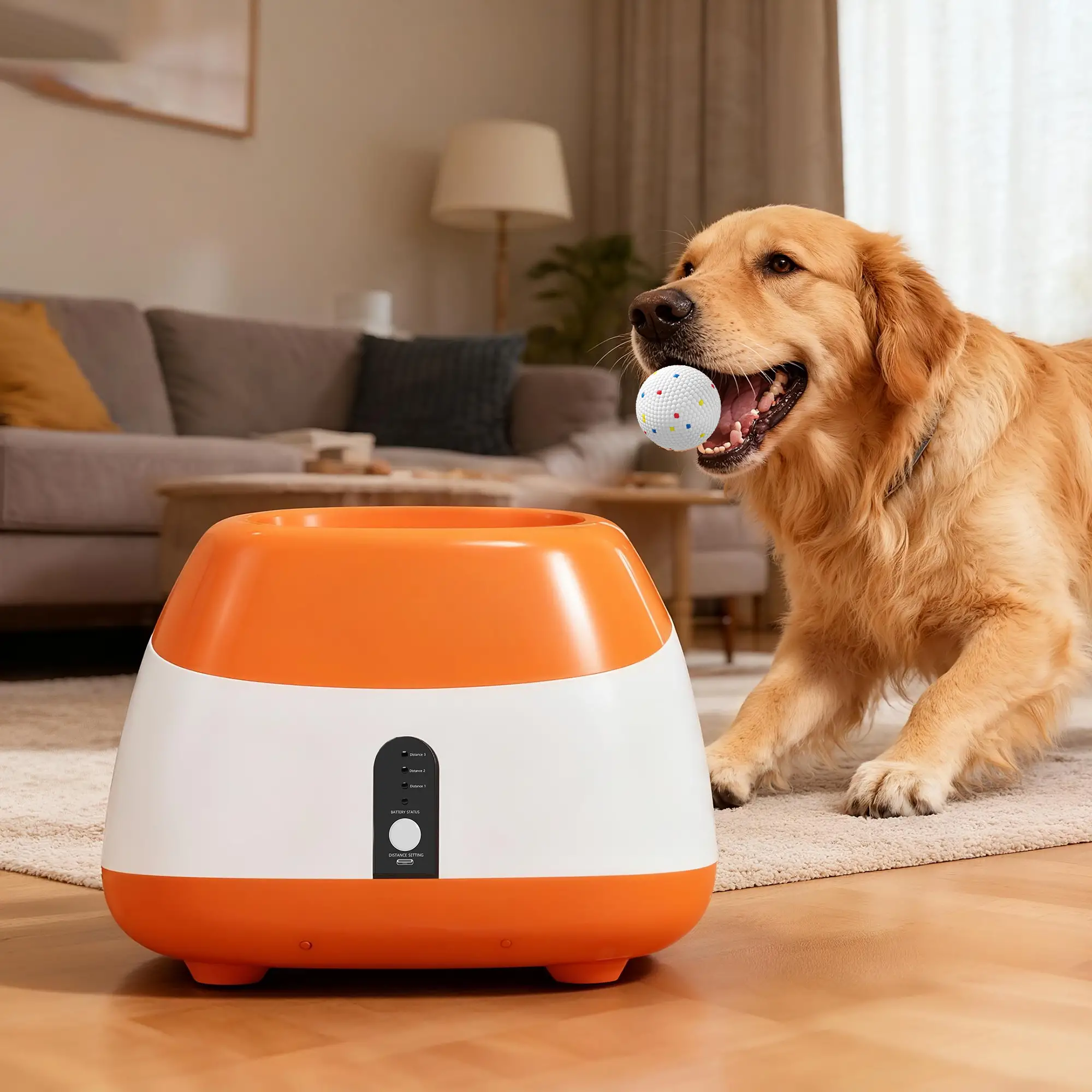 Automatic Dog Ball Launcher, 3 Distance Settings Up to 78.7 ft 5200mAh Cordless Ball Thrower with 98.4' Remote 6 Balls, for Medium Large Dogs
