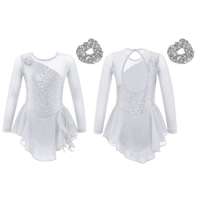 Yanarno Robe de Patinage Artistique à Sequins pour Filles, Robe de Danse Lyrique en Maille, Jupe de Gym, Justaucorps Blanc 6