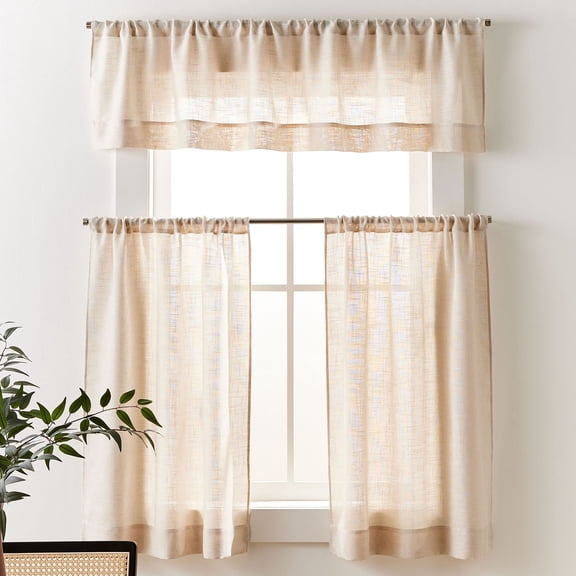 Better Homes & Gardens Linen Blend Light Filtering Rod Pocket Kitchen Curtain Tiers and Valance, Set of 3, Papyrus Beige, 60 W x 36 L