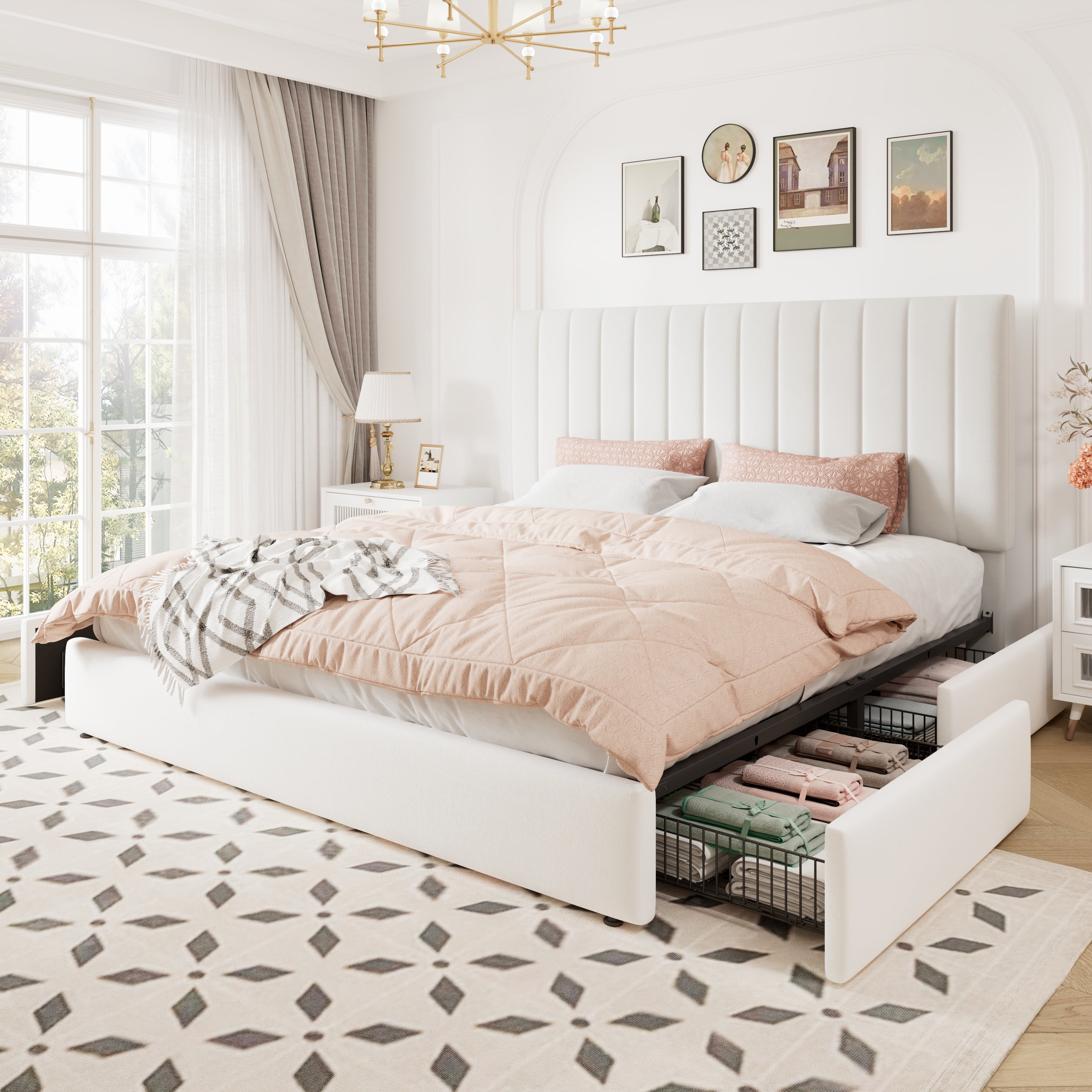 Allewie King Size Storage Bed Frame,Adjustable Headboard, Velvet Upholstered Platform Bed with 4 Oversized Underbed Drawers, Wooden Slats Support, No Box Spring Needed, White