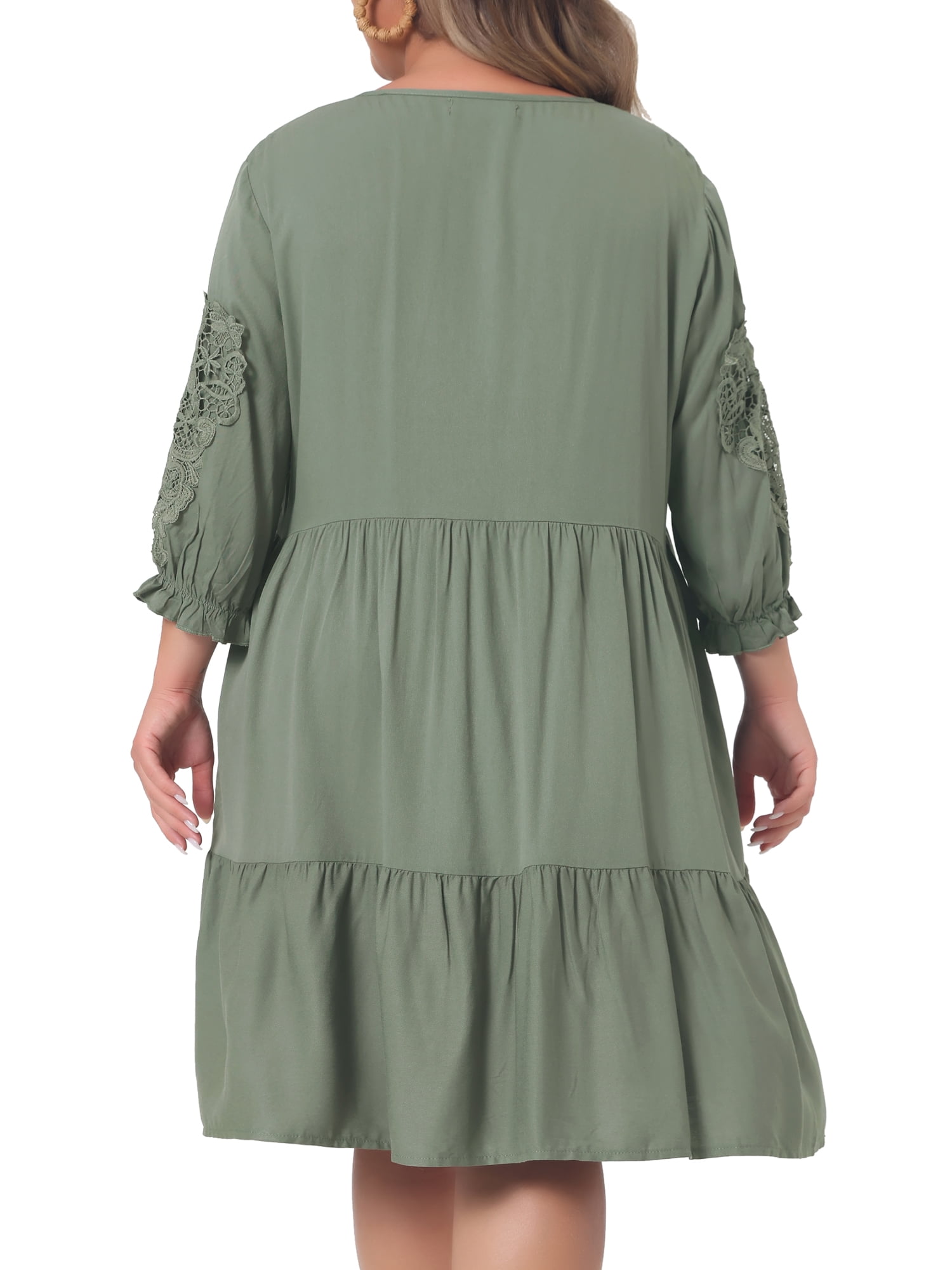 DARING DIVA Women's Plus Size Tie Neck Lace Sleeve  Ruffle Midi Flowy Dress 3X Green