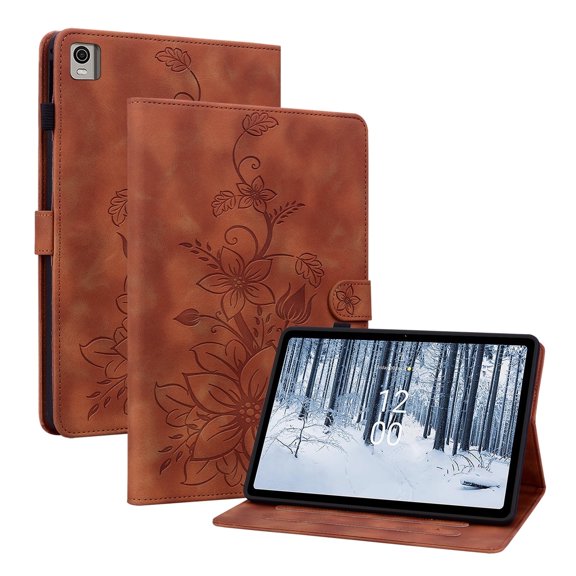 XYX for Nokia T21 10.4 Inch 2022 Released Case, PU Leather Slim Folio with Multi-Angle Stand, Brown Lily Flower