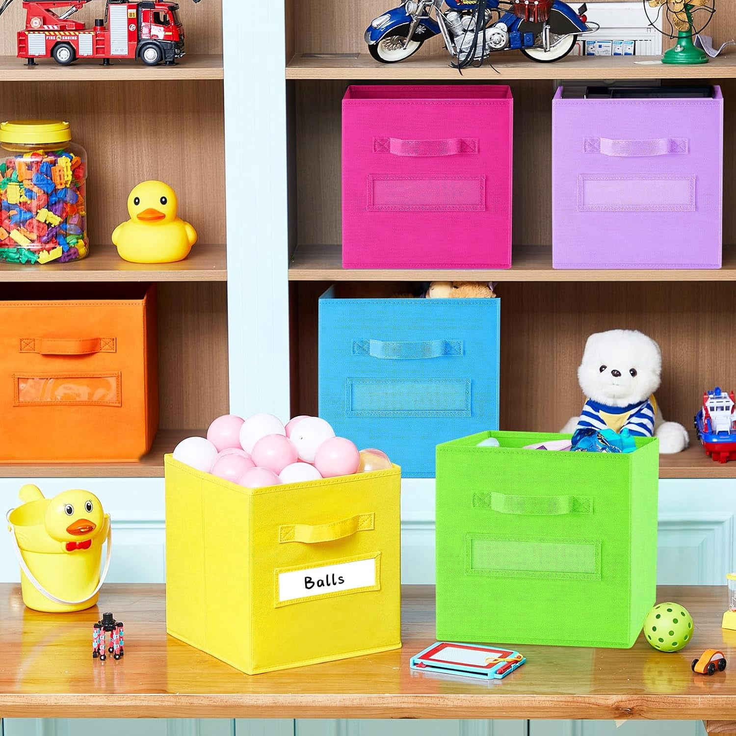 18Pcs Colorful Cube Storage Bin 11in Rainbow Fabric Cube Basket with Label Window and Handle Fun Colored Foldable Storage Cube for Toy Storage Nursery Classroom Living Room (Bright Color)