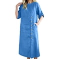 thumbnail image 3 of Hrsba Casual Dresses for Women Solid Color Linen Long Sleeve Crew Neck Button Front Knee Length Dress Wear To Work Dresses Midi Dress, 3 of 8