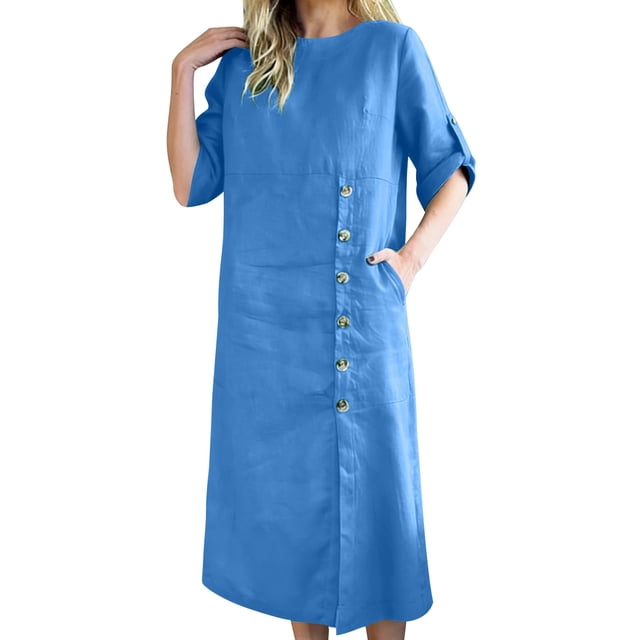 XiYing Robes pour Femmes Grande Taille, Robe Midi Unie à Boutons devant pour Femmes pour le Printemps et l'Été, Col Rond à Manches Longues avec Poches, Robe Décontractée Fluide Longueur Genou, S-TTG,