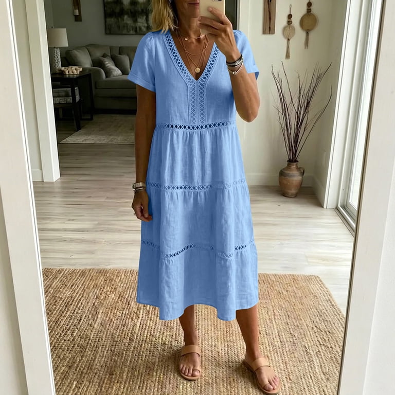 mid size midi dress Yuxingfu Midi Dresses for Women Mid-Length Plus Size Womens Dress Short Sleeve Solid Color Casual Summer Blue #1 XXL, Women's, Size: 2XL
