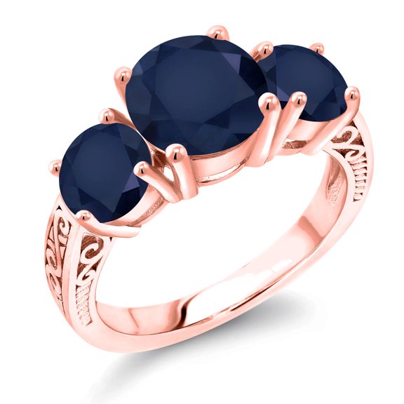 Gem Stone King 18K Rose Gold Plated Silver Blue Sapphire Engagement Ring for Women | 4.66 Cttw | Round 8MM | Gemstone September Birthstone | Size 9
