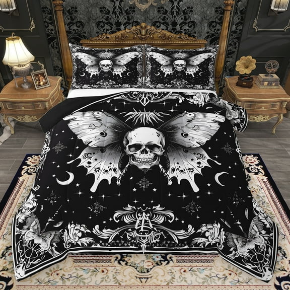 Homewish Boho Skull Moth Bedding Comforter Set,Vintage Baroque Floral Twin Comforter Sets,Retro Bohemain Theme Bedding Set For Boys Kids,Microfiber Bedroom Decor Reversible,2pcs