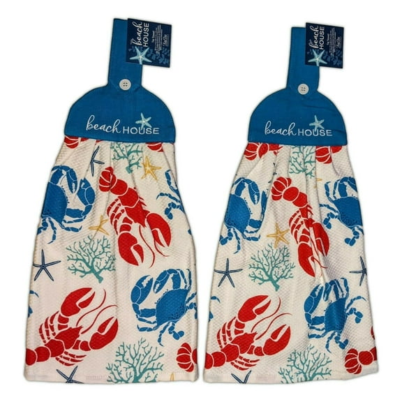 Set of 2 Beach House LOBSTER & CRAB Terry Kitchen Tie Towels by Kay Dee Designs