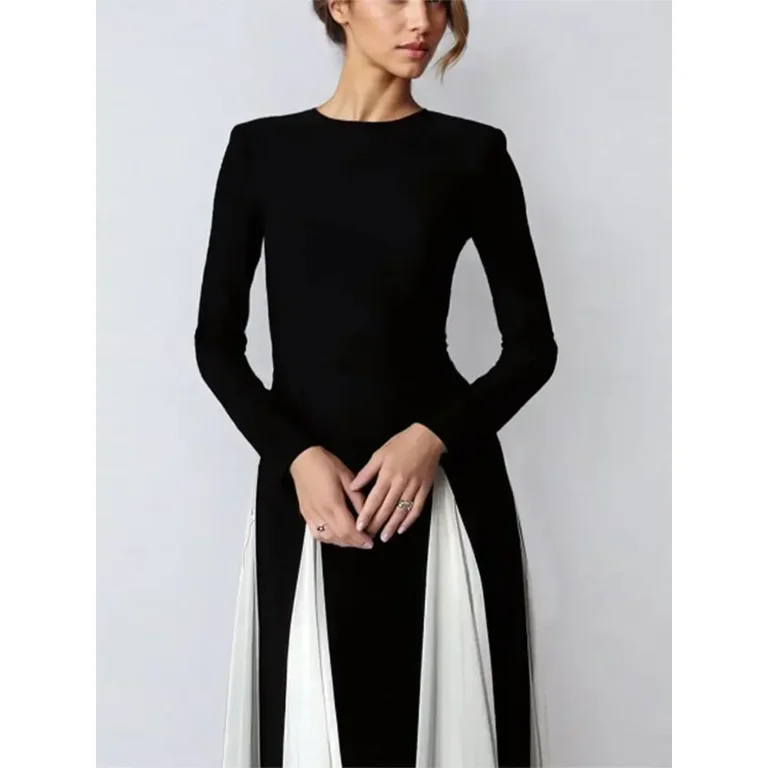 Elegant Black White Patchwork Maxi Dresses Women Fashion O neck Long Sleeves Slim Dress New Female Evening Party Robes Walmart