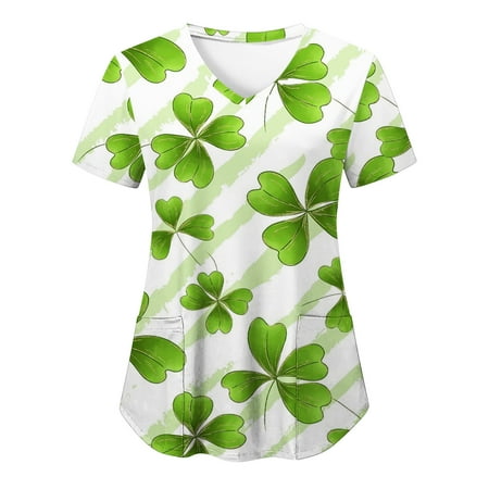 

SOOMLON Womens St Patrick s Day Scrubs Tops Summer Short Sleeve Nursing Scrubs with Pocket V-Neck Green Four Leaf Clover Print Tunics Work Henry Shirt Baseball Shirt Green L