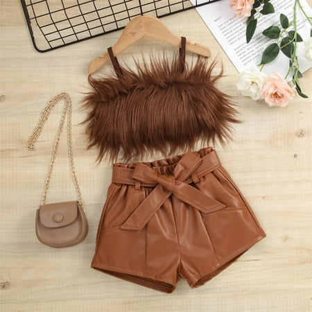 

2pcs/set Toddler Kids Plush Cami Tank Top & Pu Leather Shorts Sets Kids Little Girls Summer Clothes Outfits Brown 3-4 Years