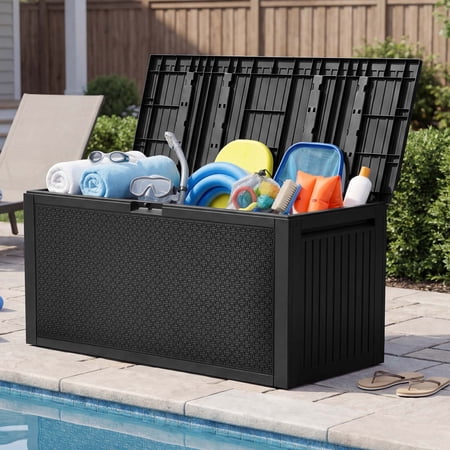 Uforic 90 Gallon Resin Outdoor Deck Box, Waterproof UV Resistant Lockable Storage Box with Handles, Black