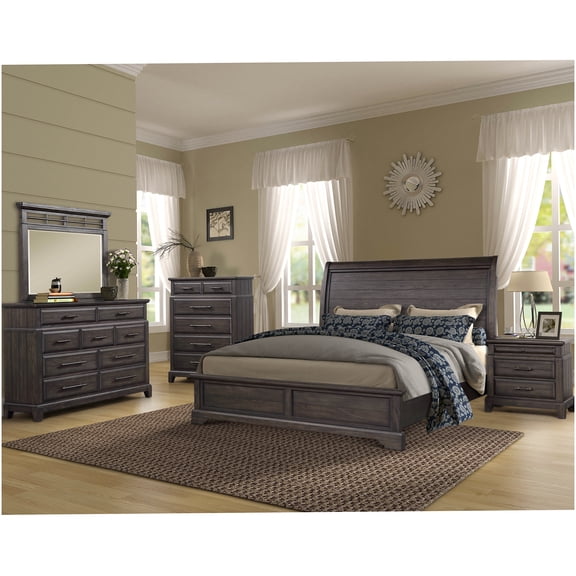 Queen Size Sleigh Bedroom Set, 5-Piece Dark Mahogany Finish Furniture Suite with Dresser, Mirror, Chest and Nightstand, Solid Wood Construction