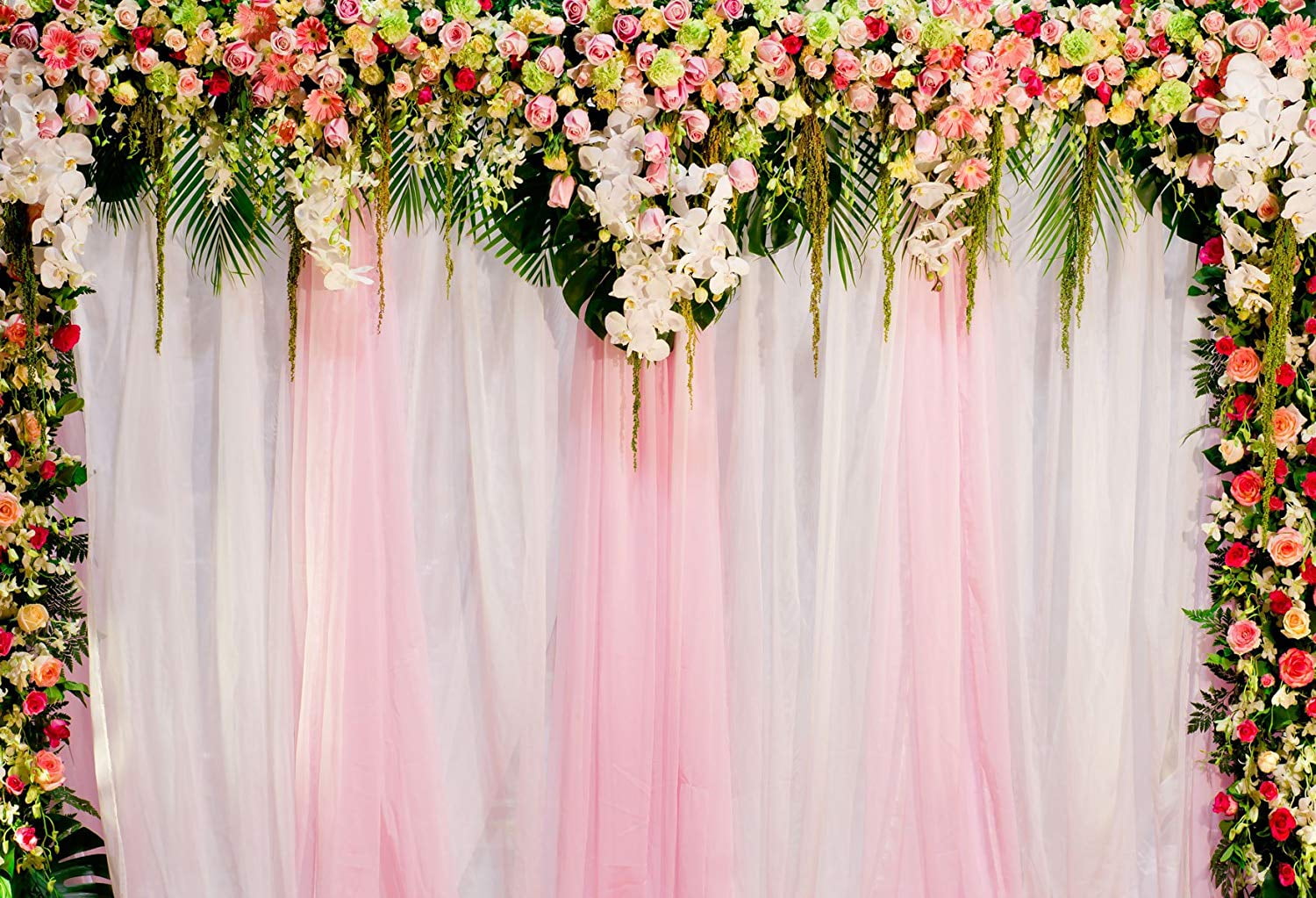 Laeacco Graceful Floral Wedding Stage 7x5ft Vinyl Photography Background Flowers Colorful Bulb String Decorations Backdrop Wedding Ceremony Photo Booth Bride Groom Shoot Studio Props