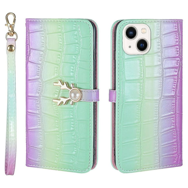 Funda con estampado de alce para iPhone 14 Plus con tarjetero, cordón, piel sintética, función billetera y protección contra caídas en las esquinas.