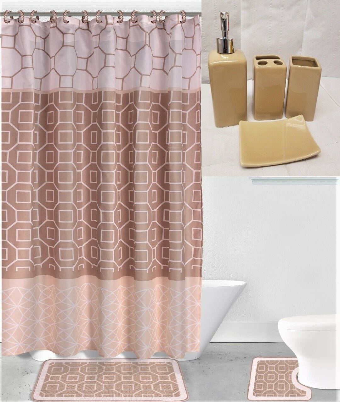 4PC PRINTED BANDED BATHROOM SHOWER CURTAIN SET BATH MAT FABRIC COVERED RINGS 