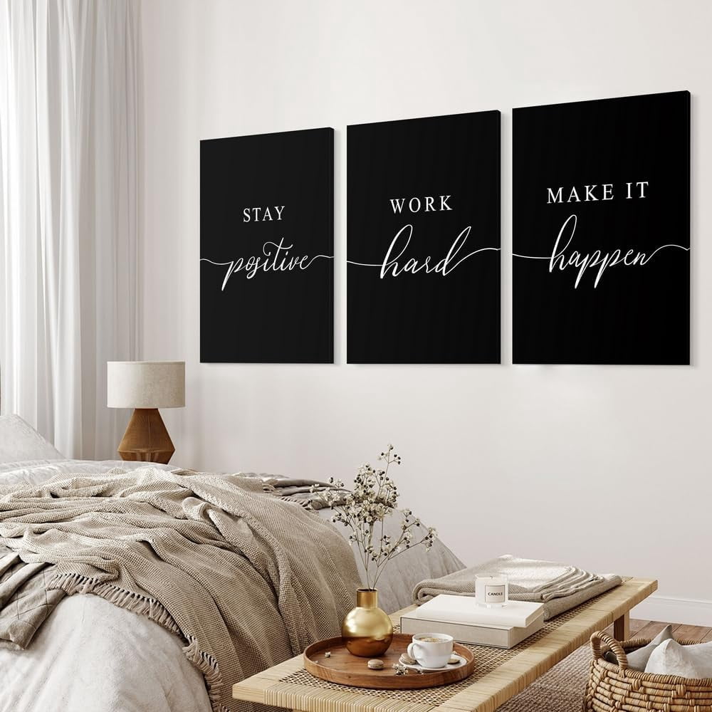 GUBIYU Motivational Wall Art Office Decor 3 PCS Positive Quotes Wall Decor for Office Stay Positive Work Hard Make It Happen Wall Art Office Pictures Inspirational Posters Black Art Wall Decor 12"x16"