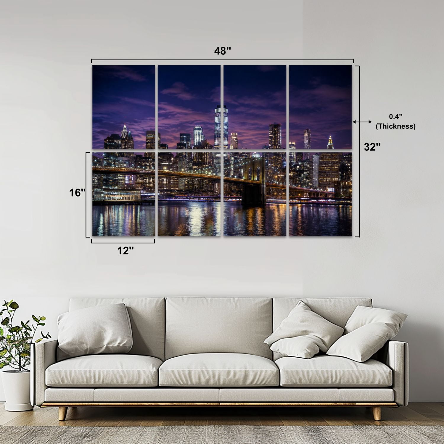 8 Pack Art Acoustic Panels Sound Absorbing New York skyline Brooklyn Bridge by night Decorative Soundproof Wall Panels Self Adhesive for Nursery Game Room Bedroom 48"x32"