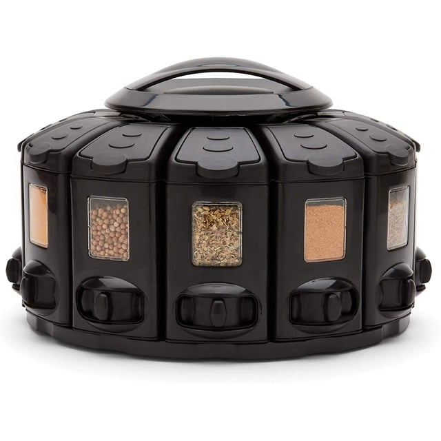 KitchenArt Spice Rack, Select-A-Spice Auto-Measure Rotating Spice Rack, Black with Lever, 12 Compartments