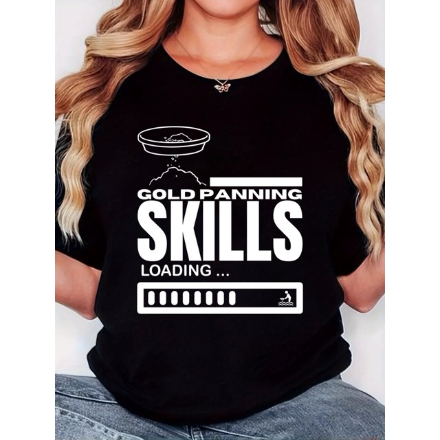 Women's T-shirt, "Black and White Gold Rush Progress Skills White" print, retro minimalist fashion, crew neck, casual and comfortable, sports short-sleeved T-shirt