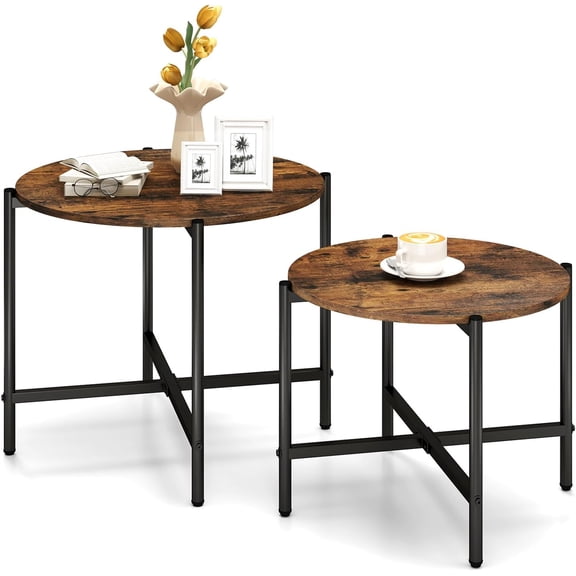 Nesting Coffee Table Set of 2, Round Coffee Tables with Wood Tabletop & Heavy-Duty Metal Frame, Modern Circle End Table & Side Tables, Nesting Tables for Living Room, Bedroom (Rustic Brown)