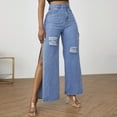 thumbnail image 3 of USNSM Women's Ripped Jeans Solid Color High Waist Slit Wide Leg Distressed High Waisted Loose Pants with Pockets Blue S, 3 of 7