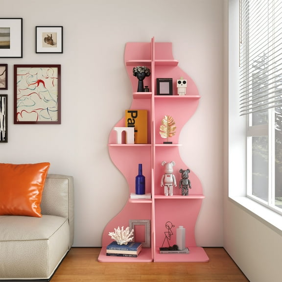 Yowos Corner Bookshelf, 5 Tier Modern Wall Shelf Bookcase Set of 2 Wavy Small Storage Rack Stylish Accent for Small Space, Plant Stand, Pink