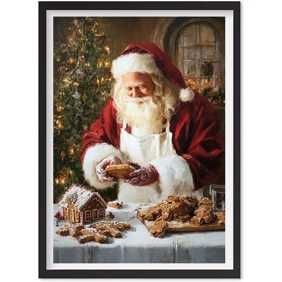 Christmas Gingerbread House And Santa Art Print, Vintage Cozy Christmas Poster, Matte Canvas Stretched, Posters for Room Bedroom Living Room Bathroom Wall Decor, Posters & Art Prints, Gift.