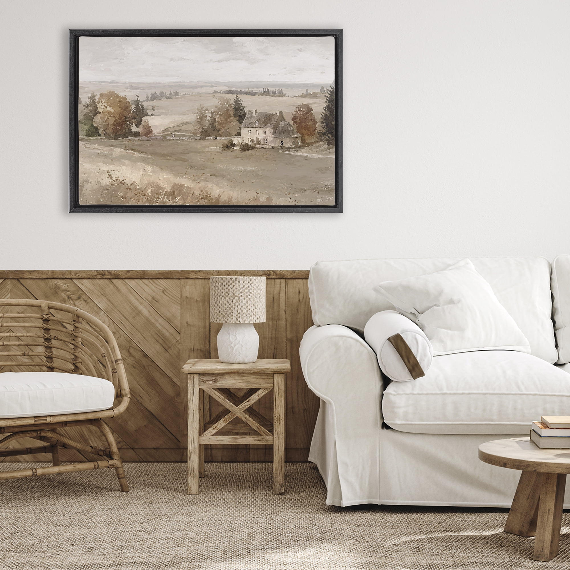 Stupell Industries Quaint Cottage in Countryside Black Framed Floater Canvas Wall Art, design by Jacky Ngan