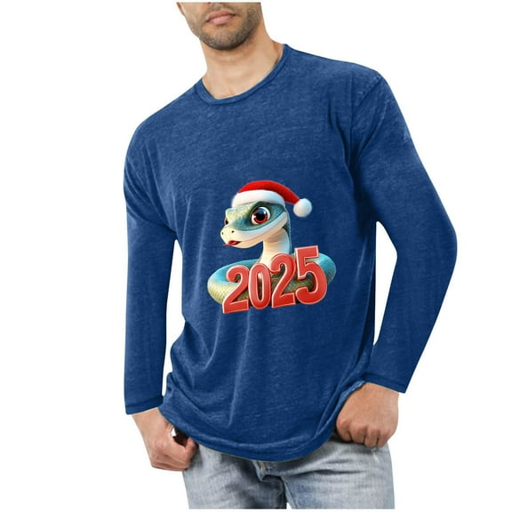 GuangCheng Mens Christmas Shirts Round Neck,Long Sleeve Tops,Printed,Pullover,Baggy,Bottom,Tees,Comfy Loose Piece,Dark Blue,Size 4XL