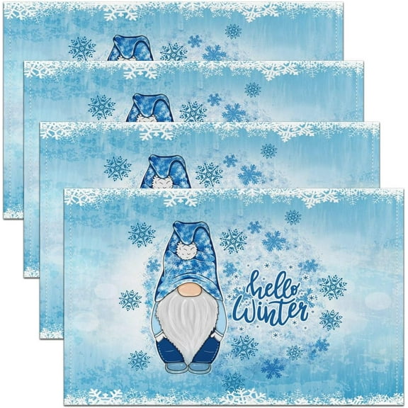 Christmas Gnome Place Mats 12x18 Set of 4,Hello Winter Watercolor Blue Print Non-Slip & Wipeable Mats for Kids Adults,Abstract Geometric Snowflake Meal Mats for Dining Kitchen Table