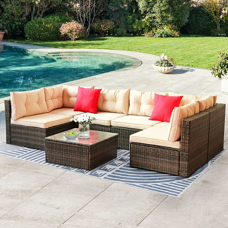 BTMWAY Patio Furniture Sets Modern 7 Pieces Outdoor Conversation Sets Wicker Outdoor Sectional Furniture Sets with Table Cushions Pillows Outdoor