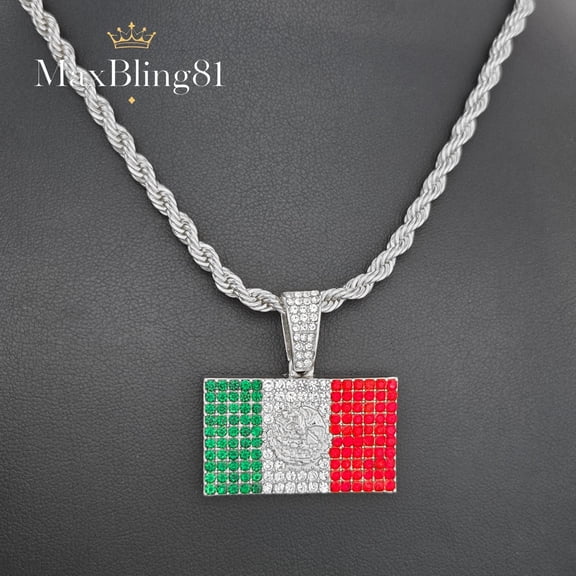 Silver Plated Mexico Flag Hip Hop Iced Cubic Zirconia Pendant & 4mm 24" Rope Chain Fashion Necklace