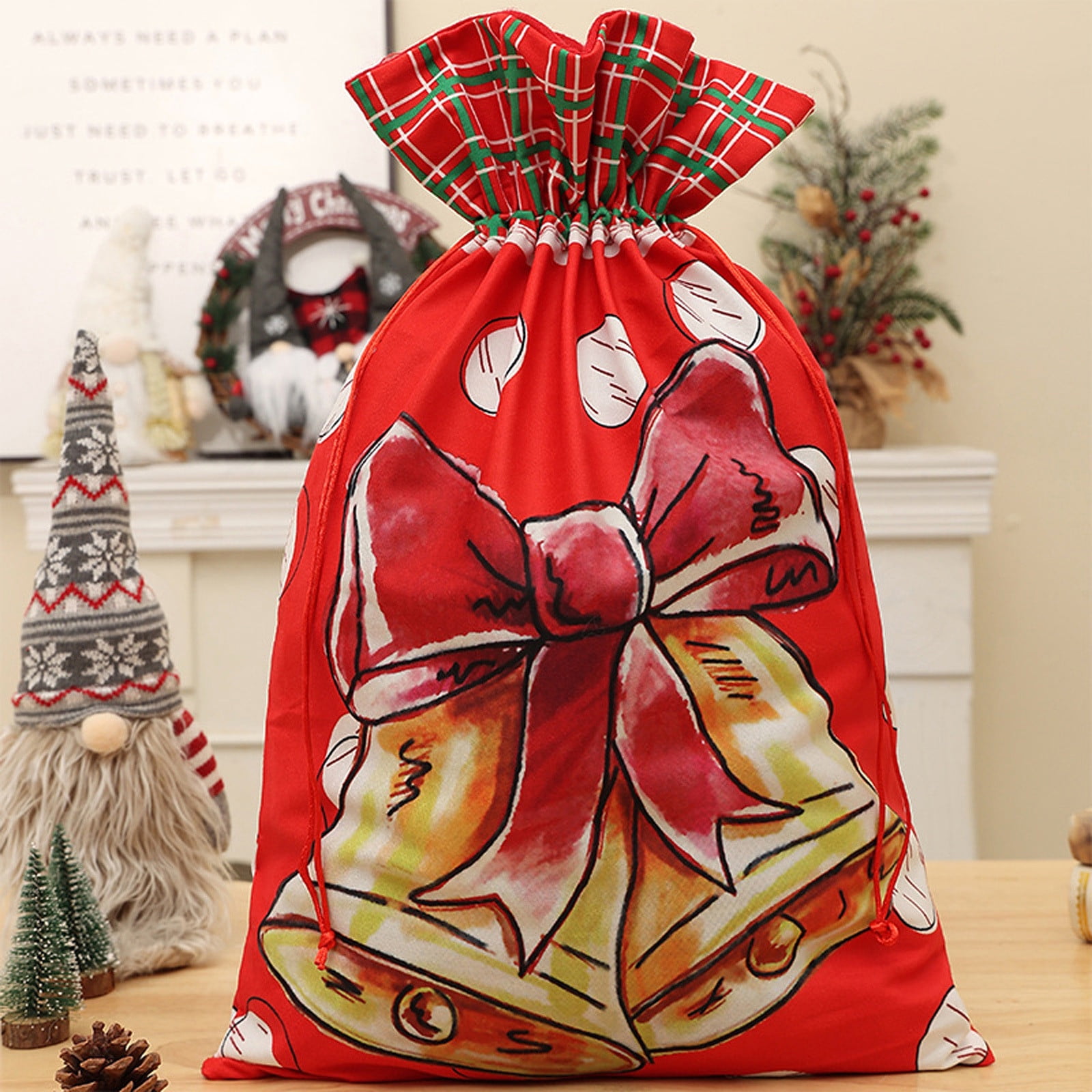 Joynest Large Christmas Gift Bag Flannel Candy Drawstring Bag for Kids Printed Santa Snowman Holiday Candy Holder