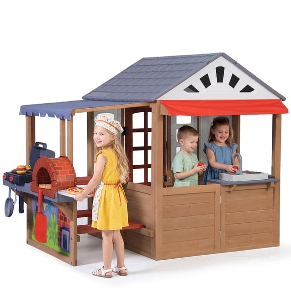 Sunnyfree Outdoor Playhouse with BBQ Grill, Kids Wooden Playhouse, Food, Whiteboard, Mail Receiver, Indoor & Outdoor