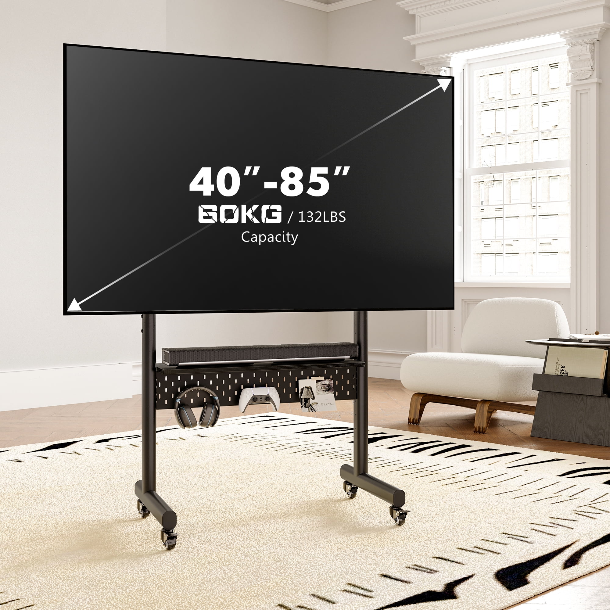 FITUEYES Rolling TV Stand with Wheels for 40-85 inch LCD/LED Screens, Height Adjustable Mobile Cart with One Shelf, Black