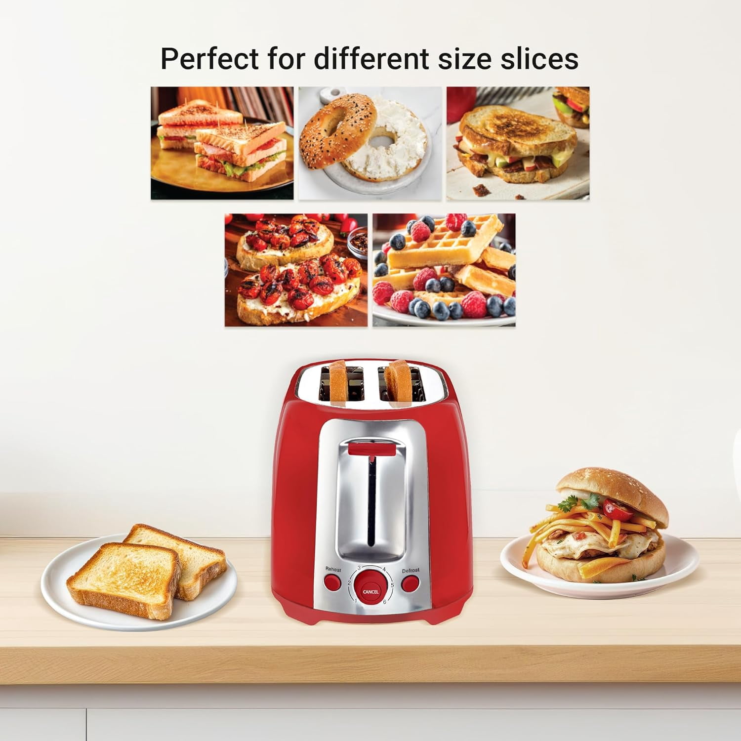 Aiwa 2-Slice Toaster with Wide Slots, 6 Browning Settings, and Crumb Tray, Red