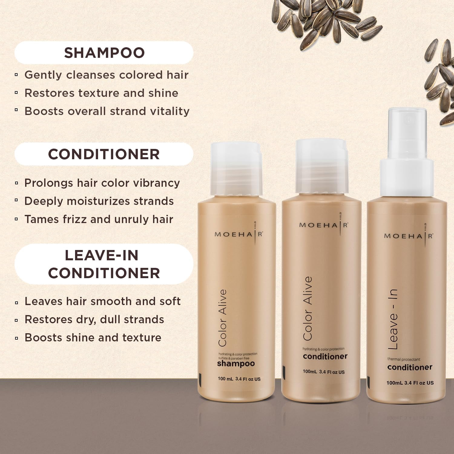 Moehair Pack for Colored Hair, Frizz Control Adult Shampoo & Conditioner Set with Floral, 3 Piece (1 Pack)