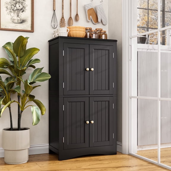 Kitchen Pantry Storage Cabinet with 4 Magnetic Doors and Adjustable Shelves,Black