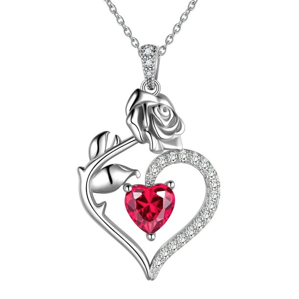 Beautlace 925 Sterling Silver Birthstone Necklace,Rose Flower Heart