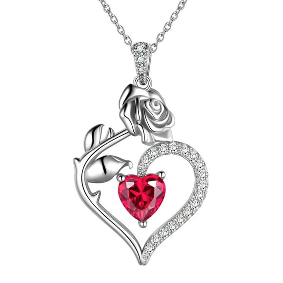 Beautlace 925 Sterling Silver Birthstone Necklace,Rose Flower Heart Pendant Necklace Fine Jewelry Anniversary Birthday Christmas Gifts for Women Girls