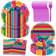 JESTAR 96PCS Fiesta Tableware Set, Mexican Party Supplies Packs for Cinco De Mayo Table Decorations, Fiest Themed Dessert Plates Fiesta Party Napkins Forks, Carnivals Event, Dia De Muertos Festivals