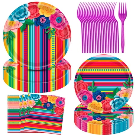 JESTAR 96PCS Fiesta Tableware Set, Mexican Party Supplies Packs for Cinco De Mayo Table Decorations, Fiest Themed Dessert Plates Fiesta Party Napkins Forks, Carnivals Event, Dia De Muertos Festivals