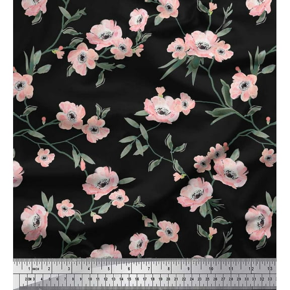 Soimoi Black Cotton Duck Fabric Leaves & Peony Floral Printed Fabric 1 Yard 42 Inch Wide