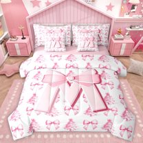 Homewish Letter Monogrammed M 7-Piece Bedding Comforter Set For Kids Children Teens,Kawaii Ribbon Bowknot King Bedding Sets,Merry Christmas Ultra Soft Bed Sheets,Super Cozy Room Decor,Reversible