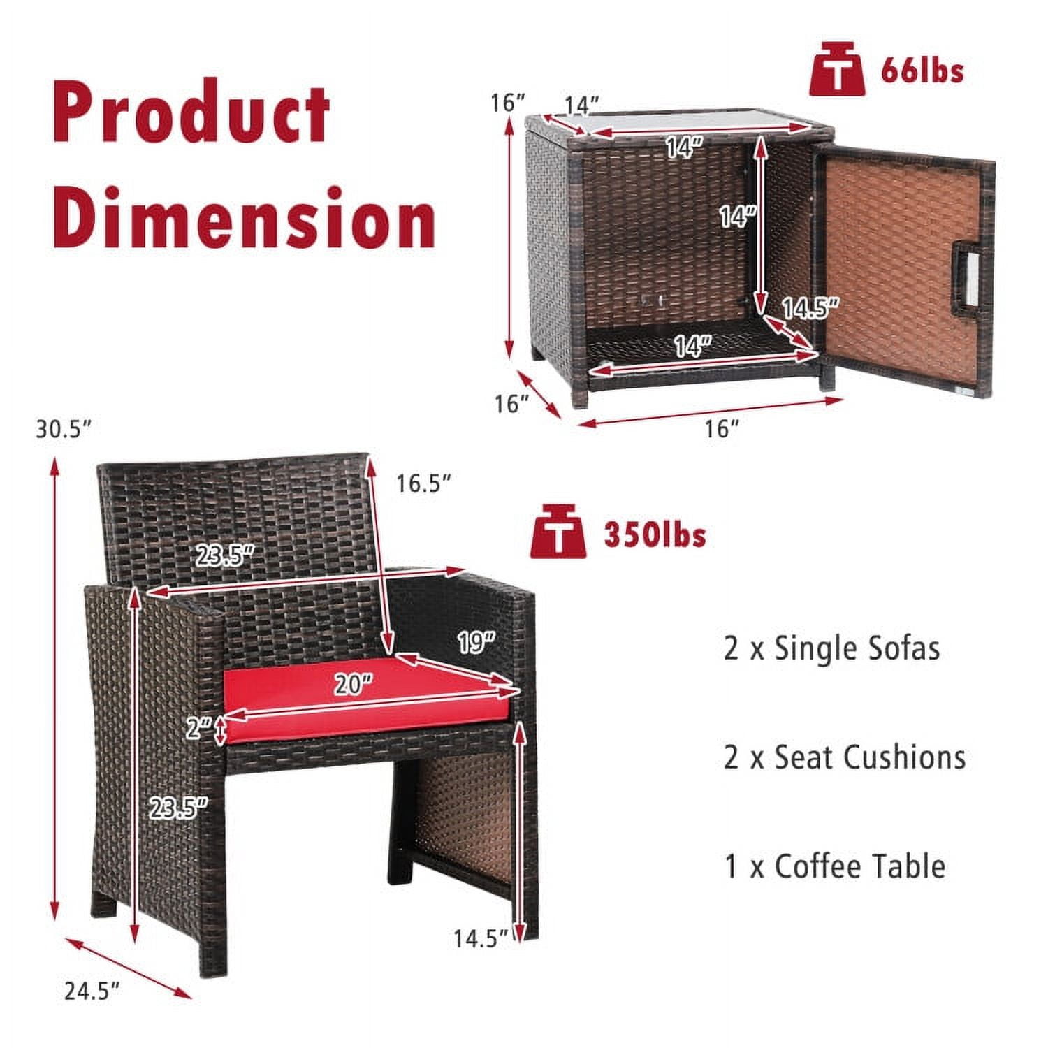 Aimee Lii 3 Pieces Patio Wicker Furniture Set with Storage Table and Protective Cover, Outdoor Patio Furniture, Red Aimee Lii 3 Pieces Patio Wicker Furniture Set with Storage Table and Protective Cover, Outdoor Patio Furniture, Red