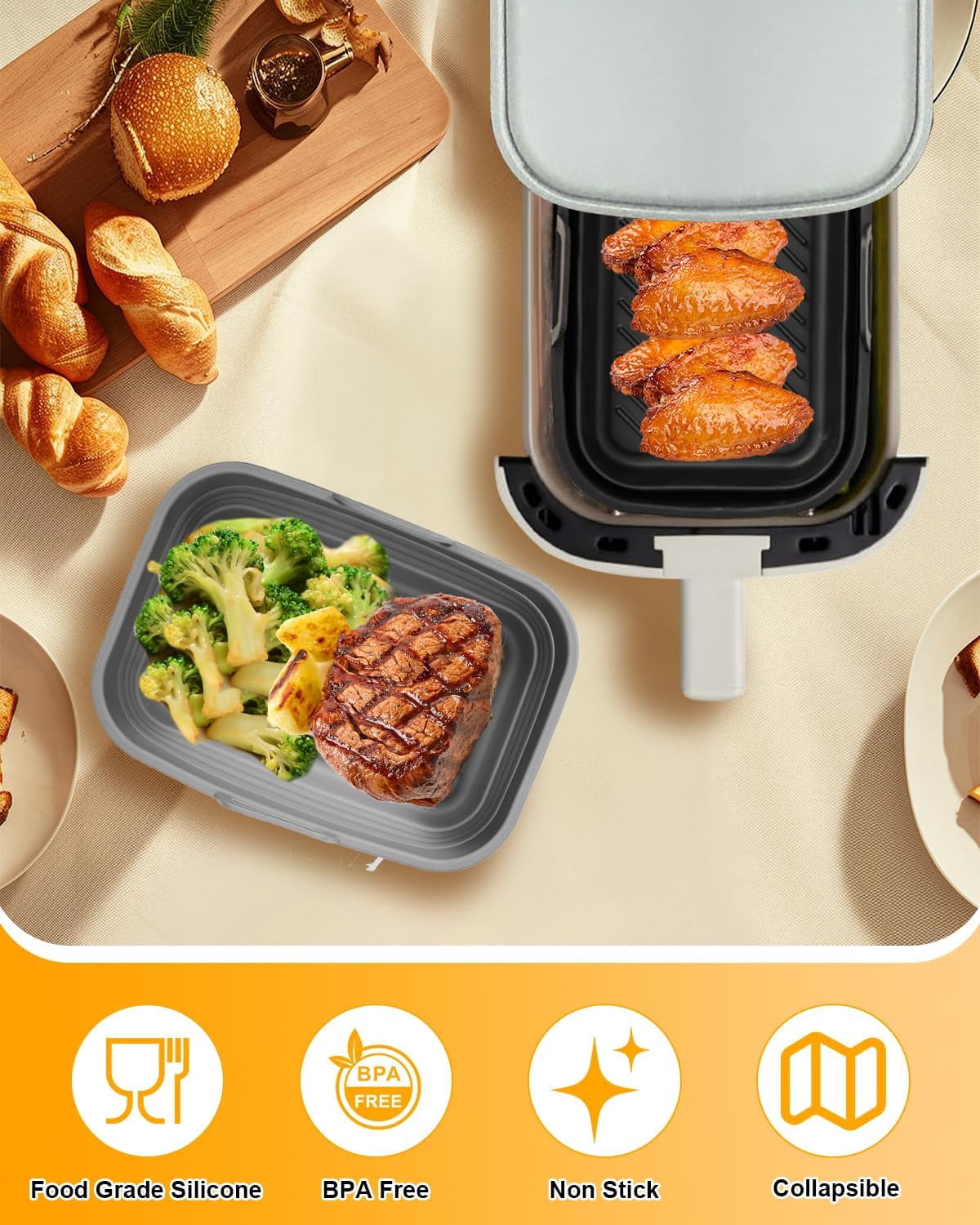 Neighborly Nook Air Fryer Silicone Liners Collapsible 2-Pack for bella 4Qt(3.3lb) Slim Air Fryer, Reusable Airfryer Silicone Pot Baking Basket Insert Accessories, Non Stick, Easy Cleaning, Gray+Black