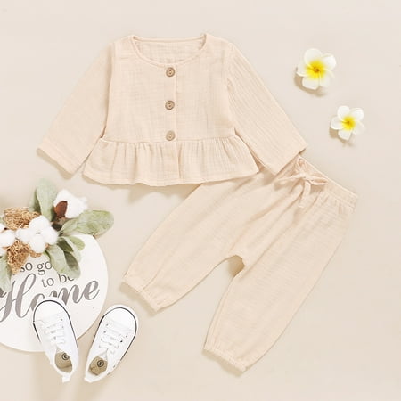 

Hunpta Sets Solid Outfits Baby Button Girls Solid Pants Tops+Lacing Linen Girls Outfits&Set